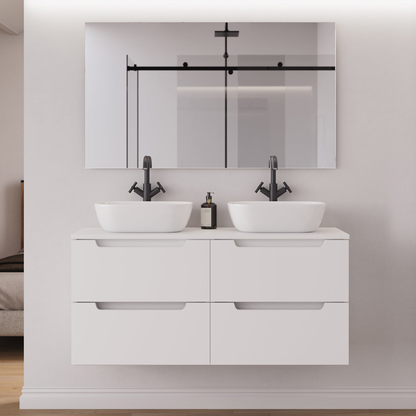 Meuble salle de bain SONRIZA 120cm 4 tiroirs blanc double vasque zeus miroir