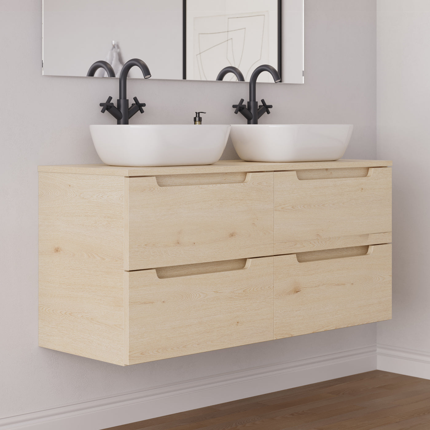 Meuble salle de bain SONRIZA 120cm 4 tiroirs calima double vasque zeus vue côté