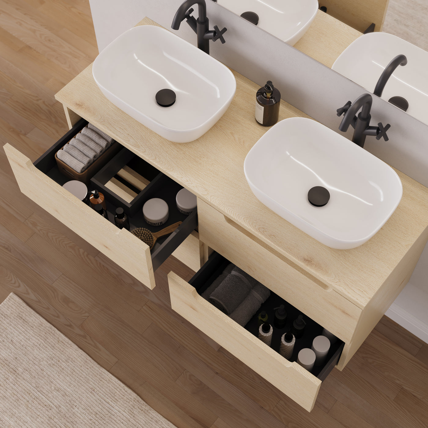 Meuble salle de bain SONRIZA 120cm 4 tiroirs calima double vasque zeus vue dessus