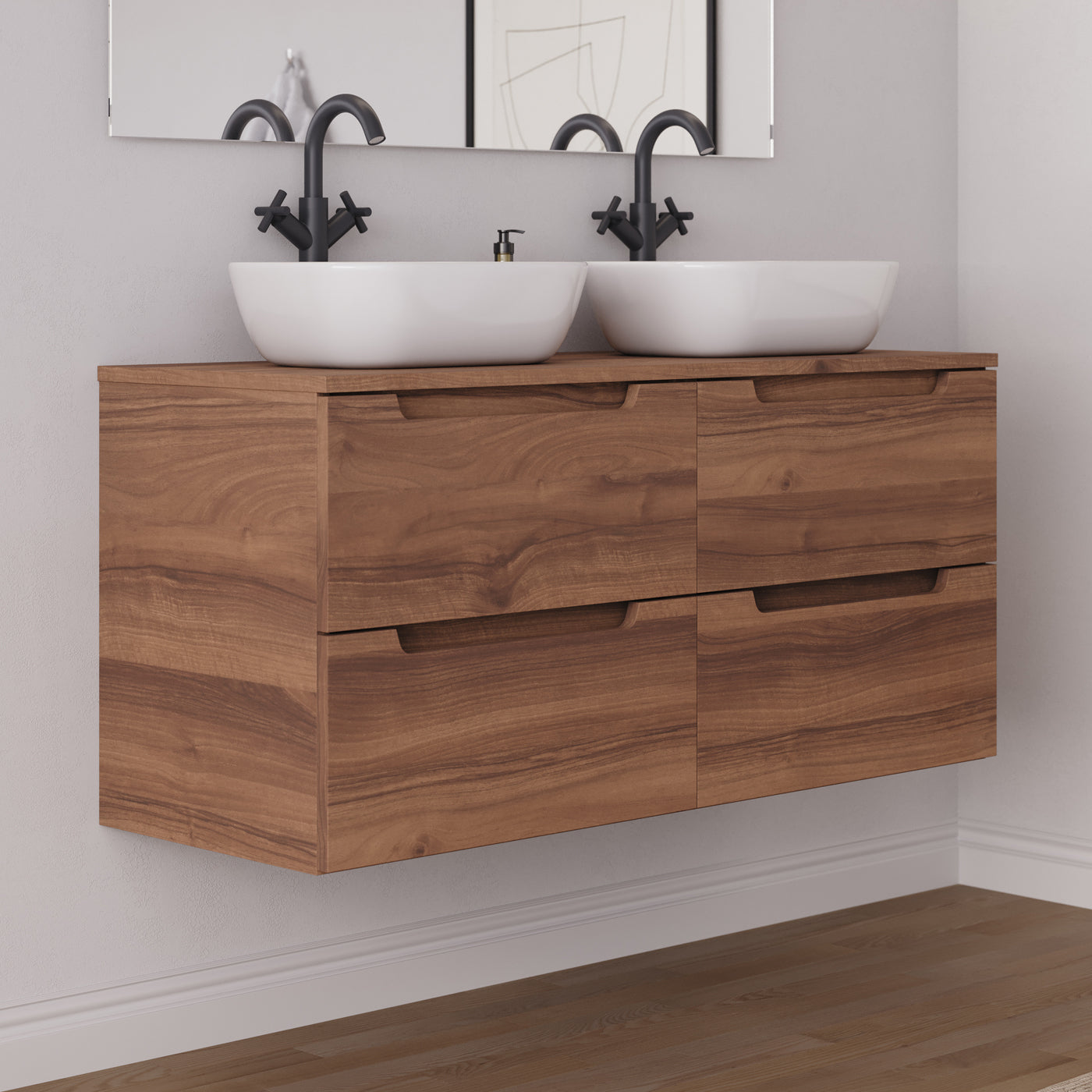 Meuble salle de bain SONRIZA 120cm 4 tiroirs noyer double vasque zeus vue côté