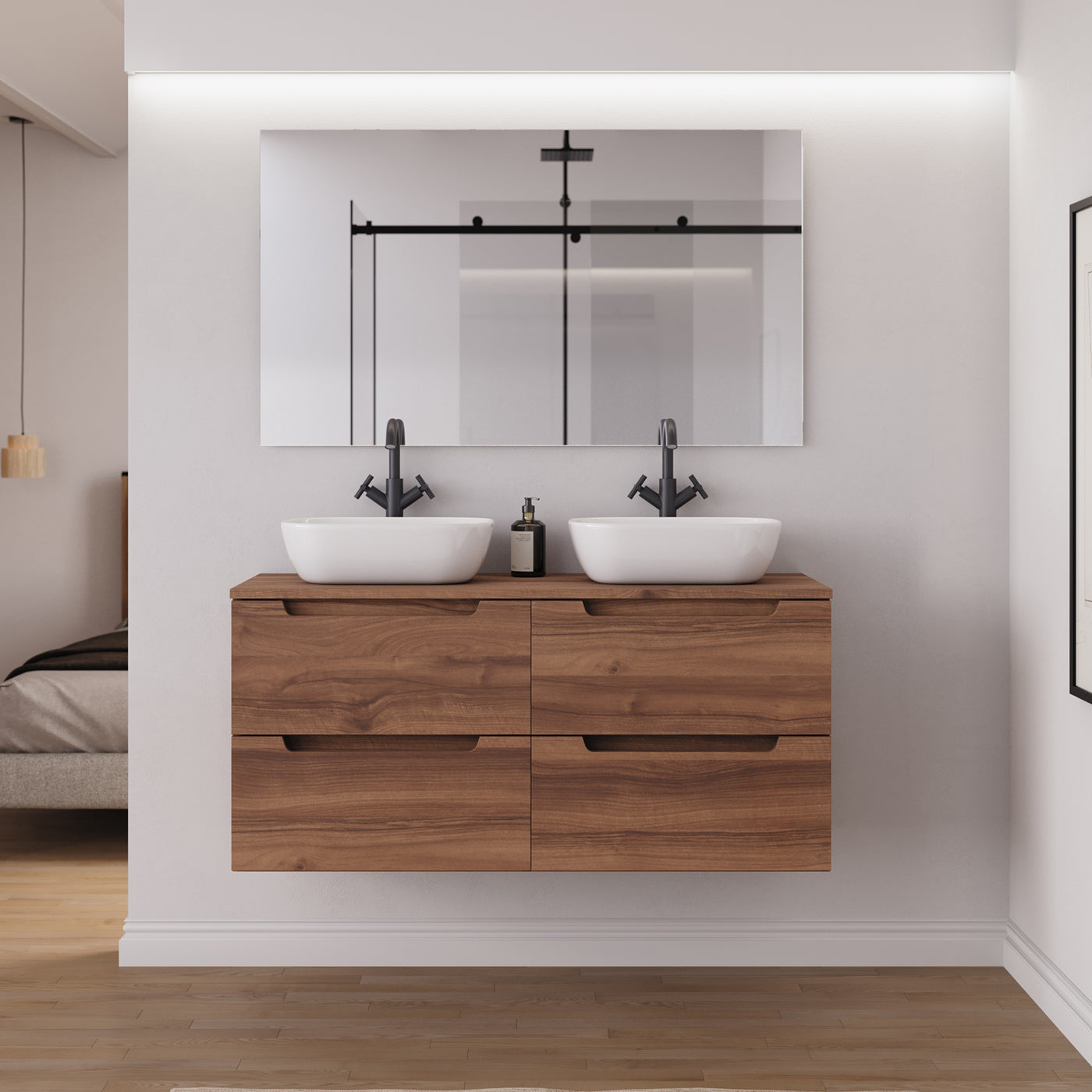 Ambiance Meuble salle de bain SONRIZA 120cm 4 tiroirs noyer double vasque zeus