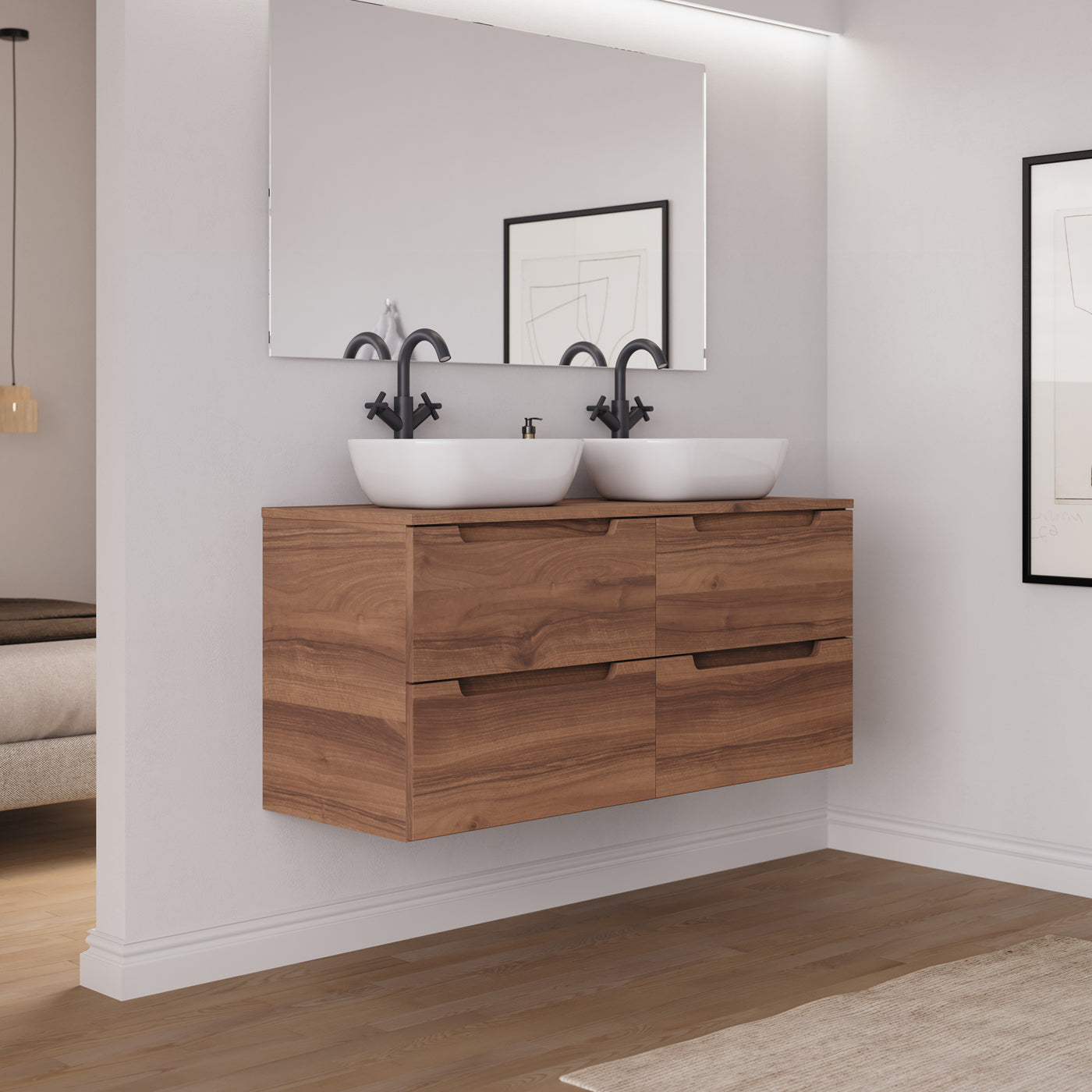 Ambiance Meuble salle de bain SONRIZA 120cm 4 tiroirs noyer 2 vasques zeus