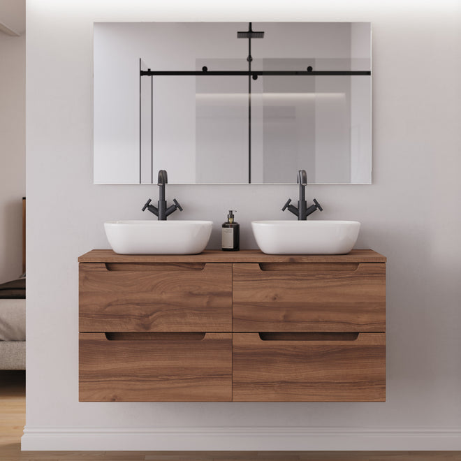 Meuble salle de bain SONRIZA 120cm 4 tiroirs noyer double vasque zeus miroir