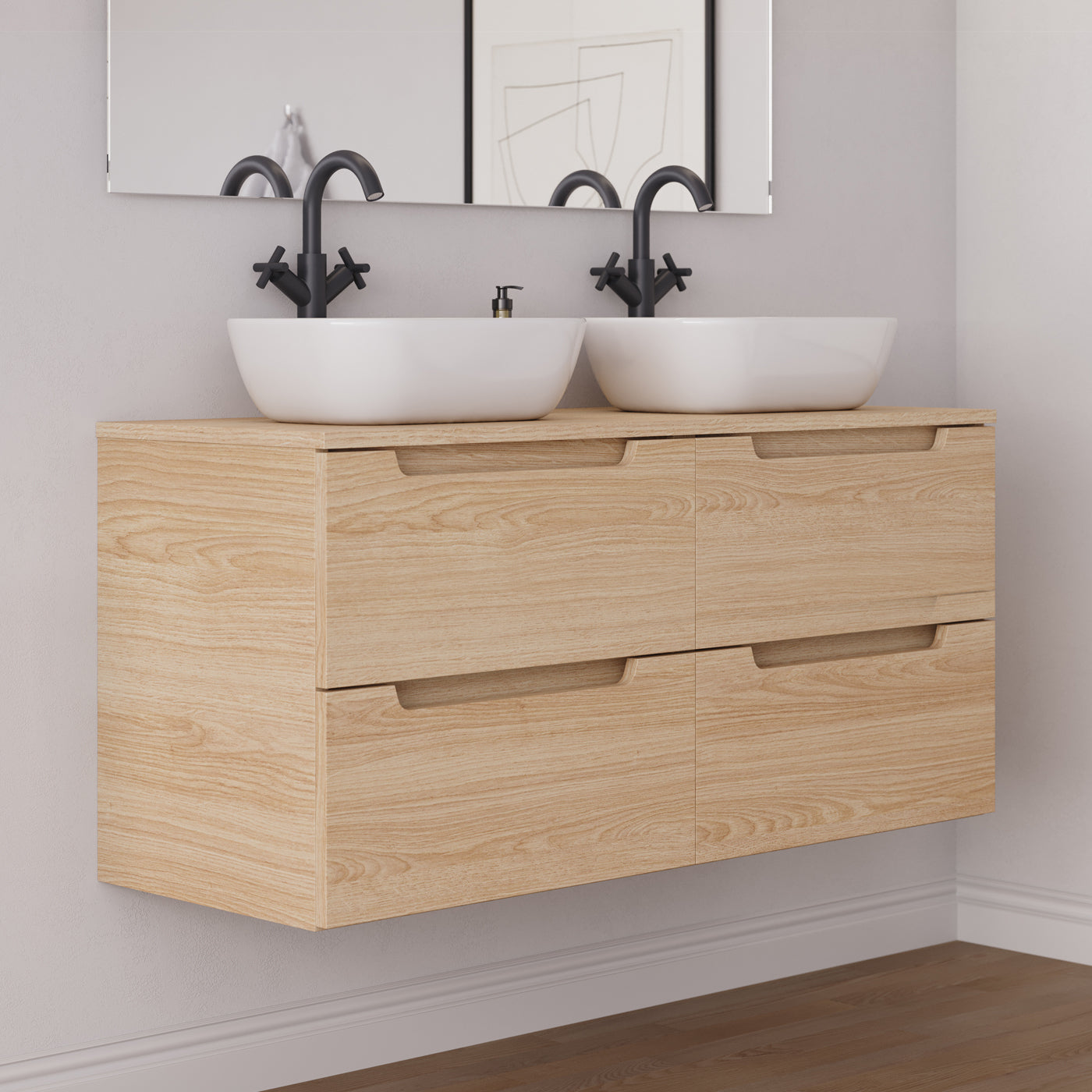 Meuble salle de bain SONRIZA 120cm 4 tiroirs roble era double vasque zeus vue côté
