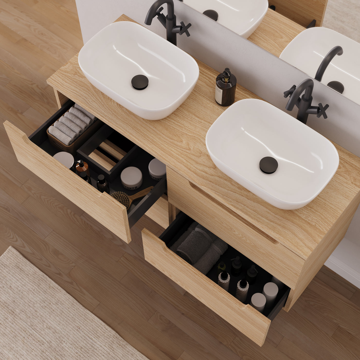 Meuble salle de bain SONRIZA 120cm 4 tiroirs roble era double vasque zeus vue dessus