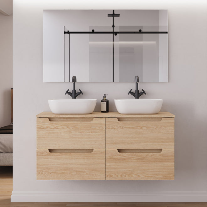 Meuble salle de bain SONRIZA 120cm 4 tiroirs roble era double vasque zeus miroir