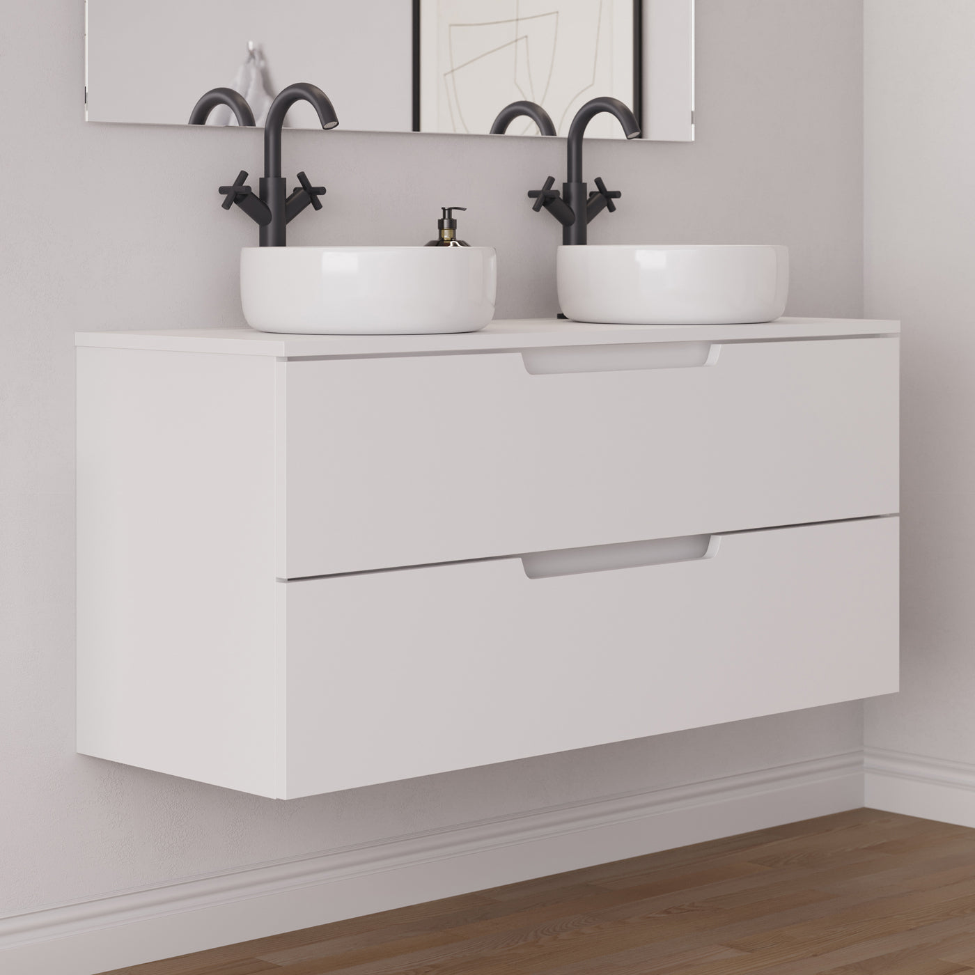Meuble salle de bain SONRIZA 120cm 2 tiroirs blanc 2 vasques ares vue côté