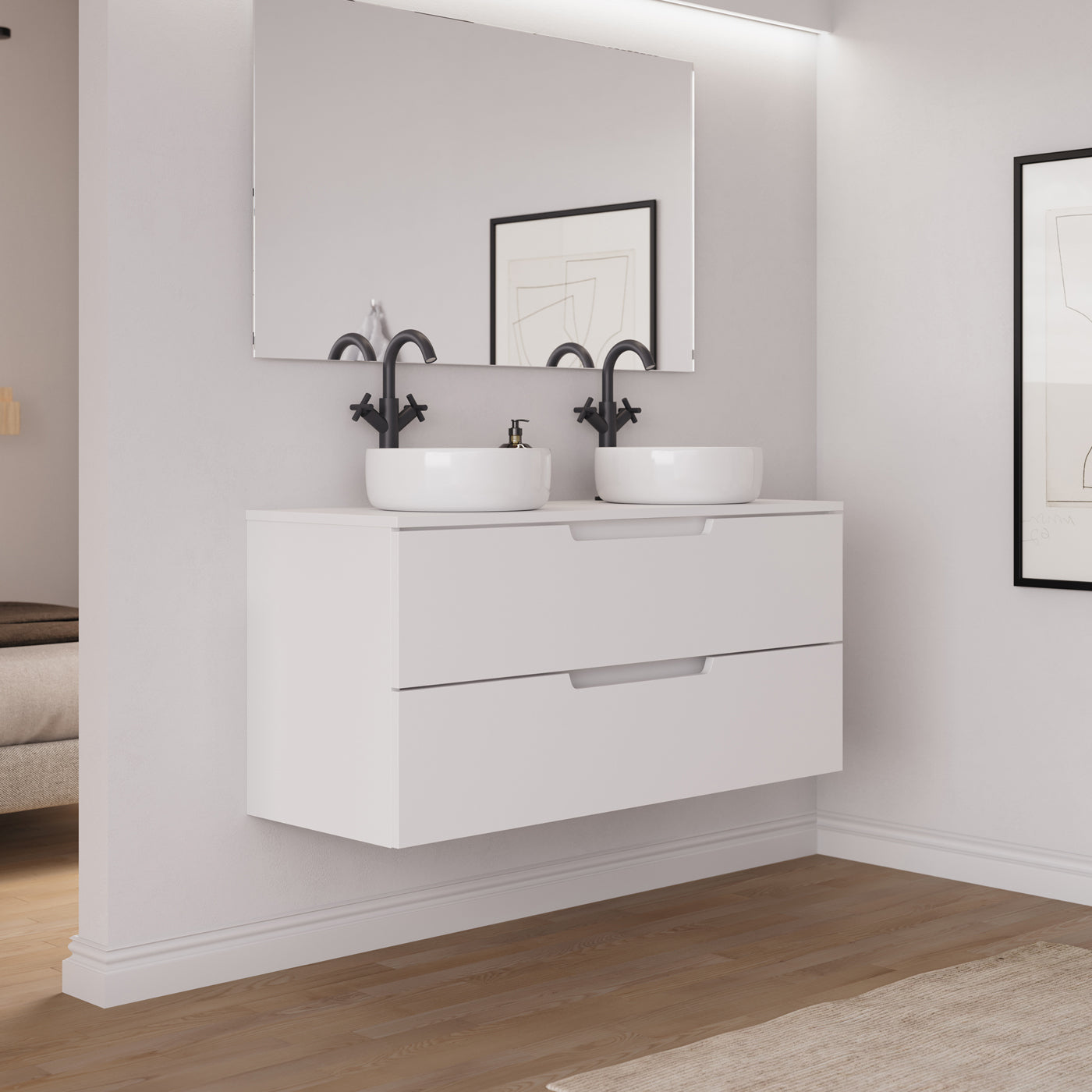 Ensemble meuble salle de bain SONRIZA 120cm 2 tiroirs blanc 2 vasques ares