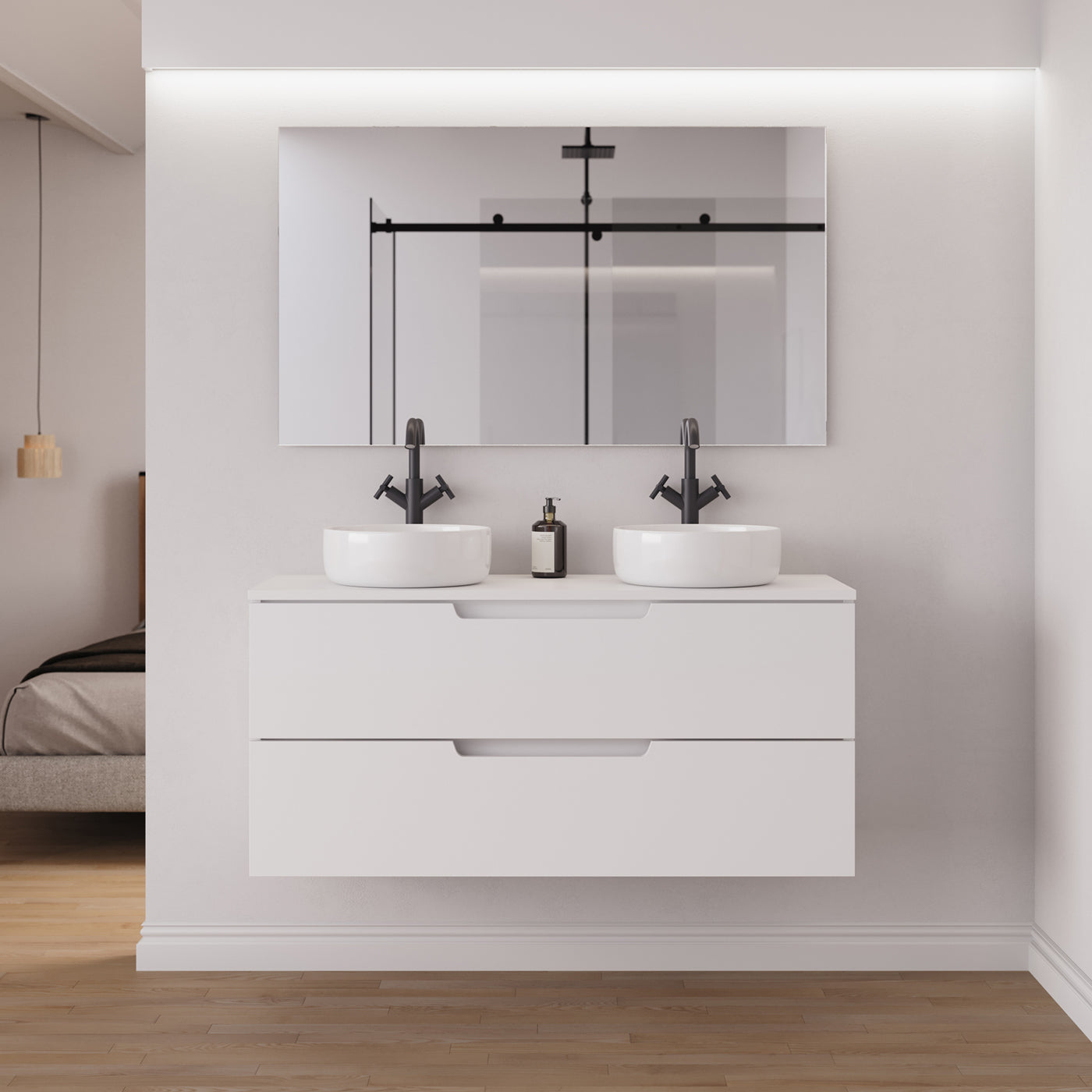 Meuble salle de bain SONRIZA 120cm 2 tiroirs blanc 2 vasques ares vue face