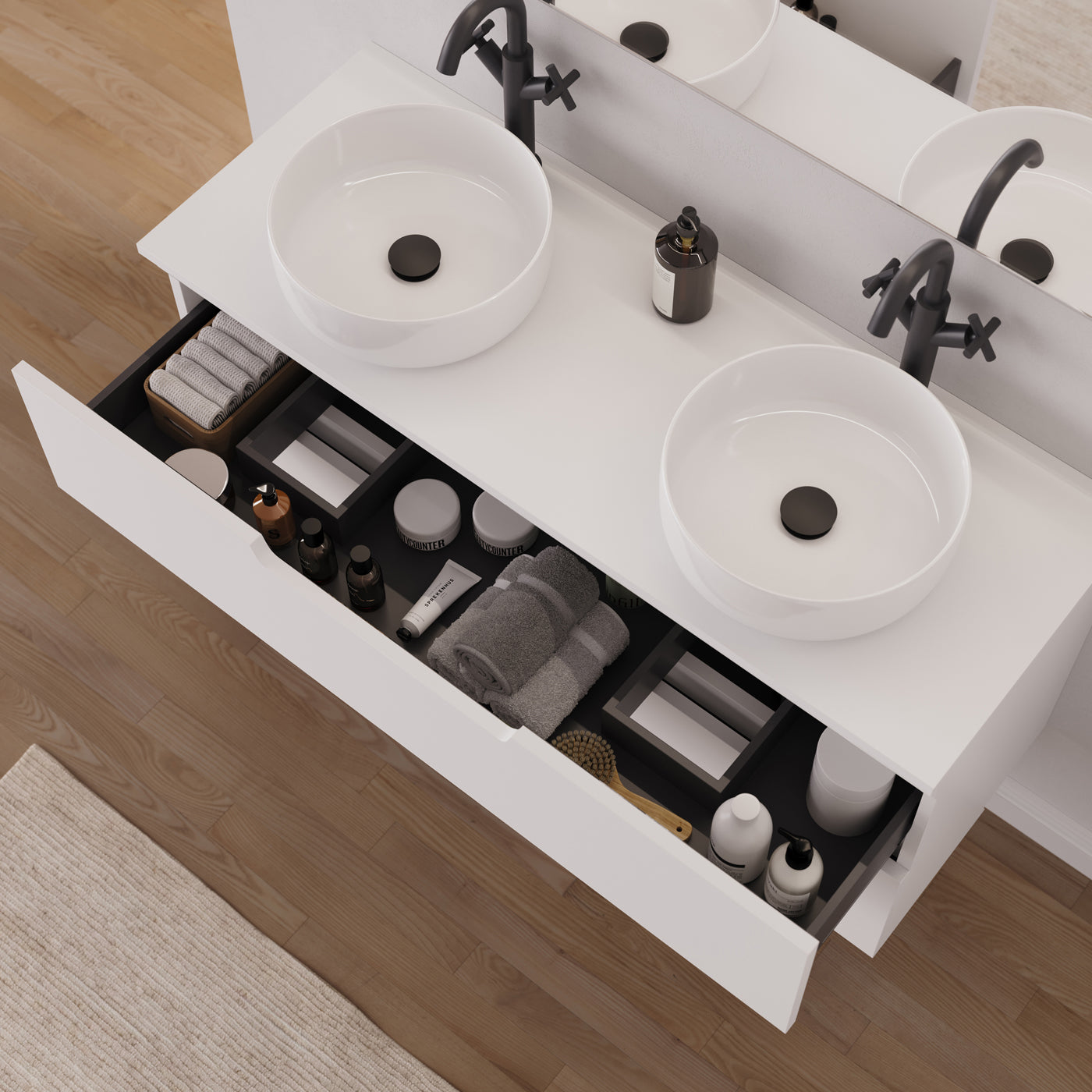 Meuble salle de bain SONRIZA 120cm ouvert 2 tiroirs blanc vasques ares