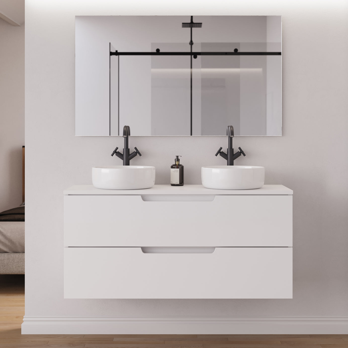 Meuble salle de bain SONRIZA 120cm 2 tiroirs blanc 2 vasques ares miroir