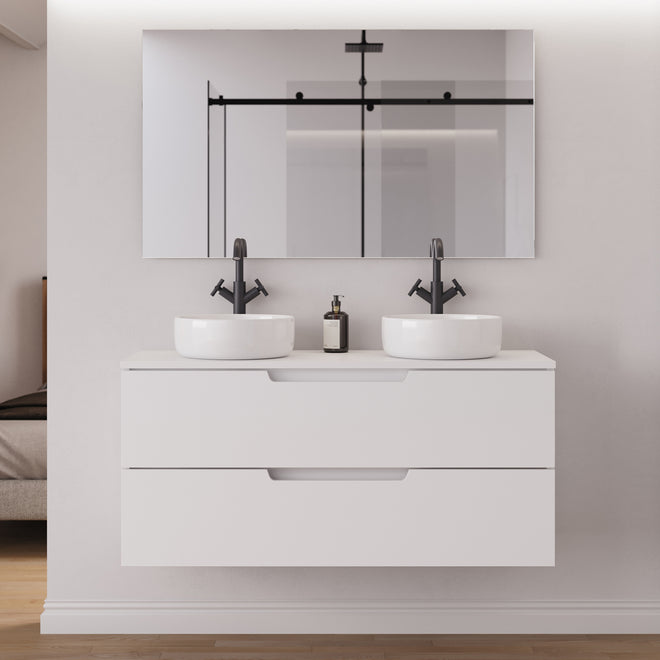 Meuble salle de bain SONRIZA 120cm 2 tiroirs blanc 2 vasques ares miroir
