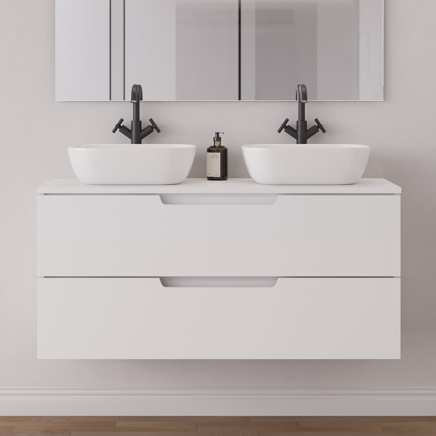 Meuble salle de bain SONRIZA 120cm 2 tiroirs blanc 2 vasques zeus