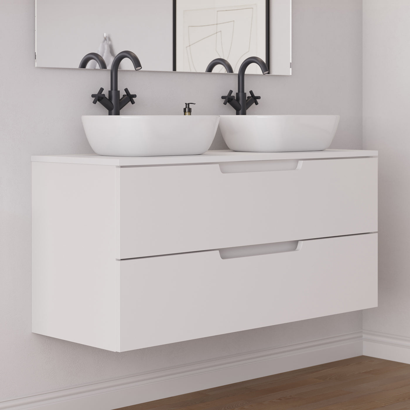 Meuble salle de bain SONRIZA 120cm 2 tiroirs blanc 2 vasques zeus vue côté