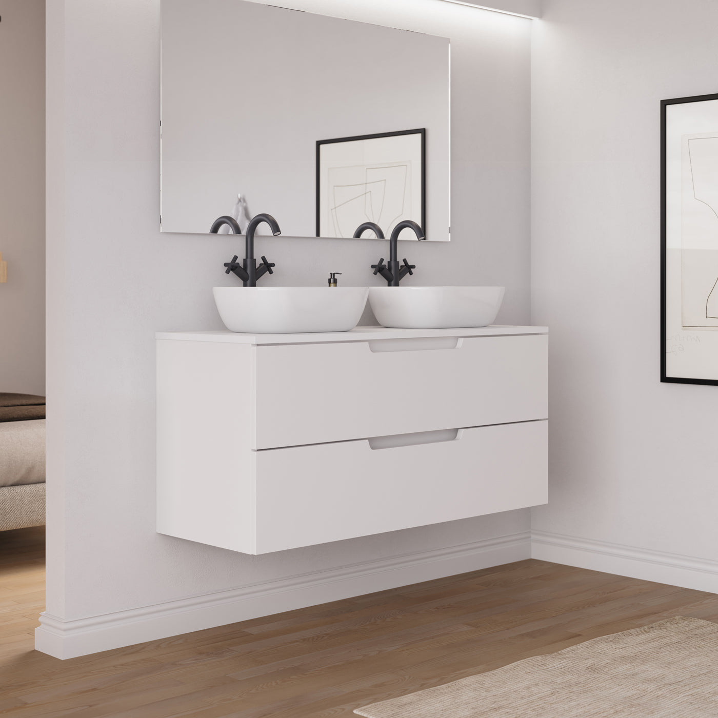Ensemble meuble salle de bain SONRIZA 120cm 2 tiroirs blanc 2 vasques zeus