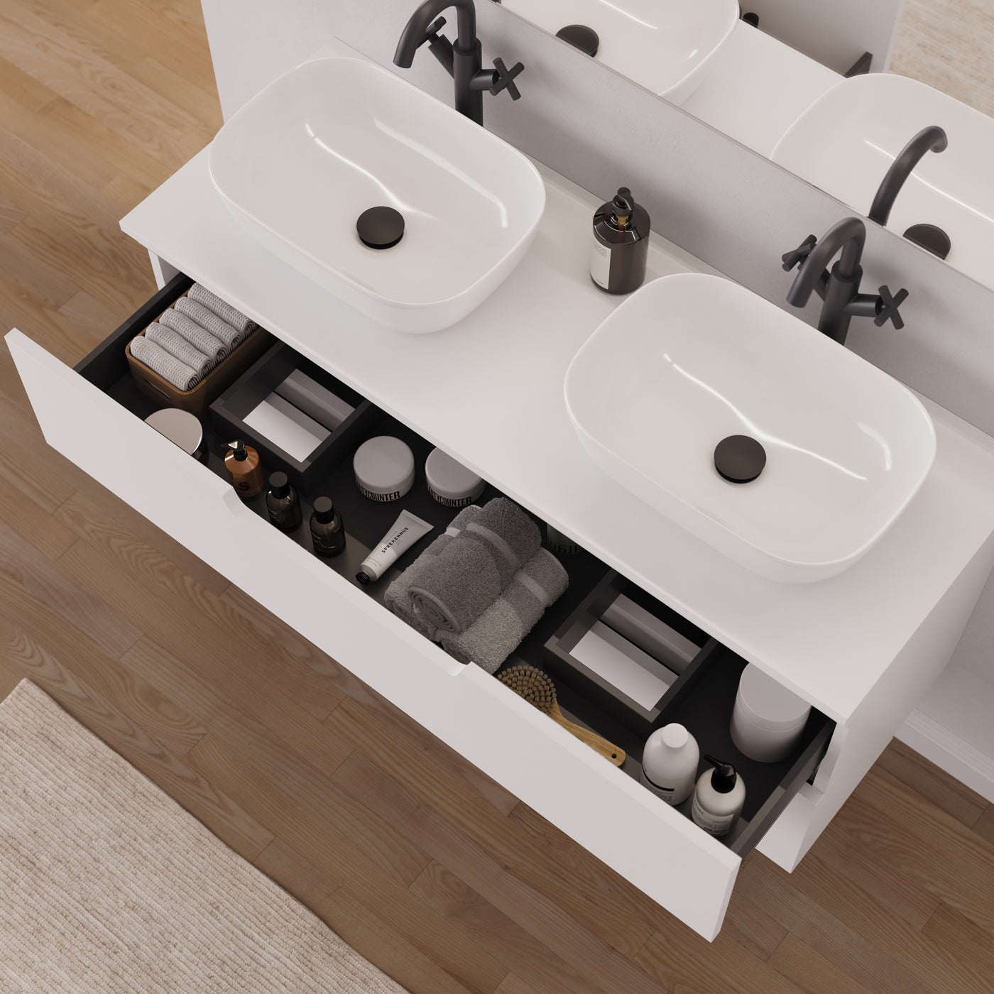 Meuble salle de bain SONRIZA 120cm ouvert 2 tiroirs blanc vasques zeus