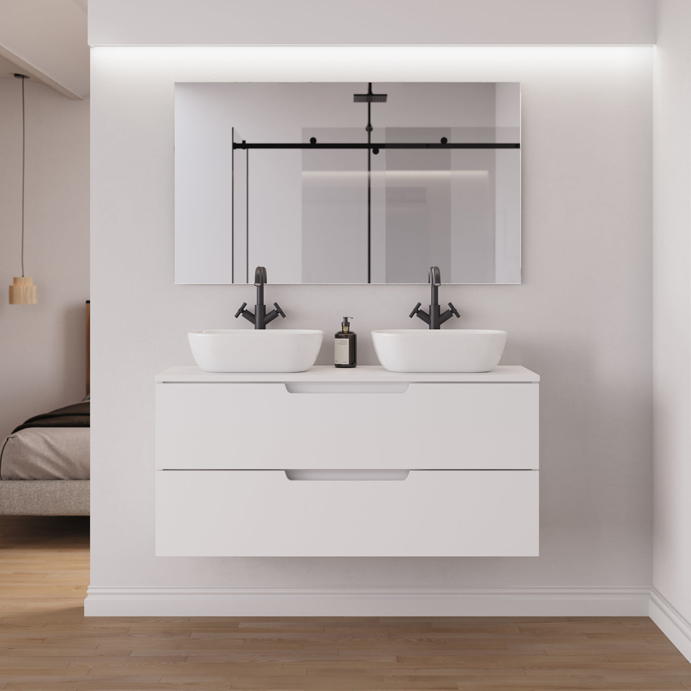Meuble salle de bain SONRIZA 120cm 2 tiroirs blanc 2 vasques zeus vue face