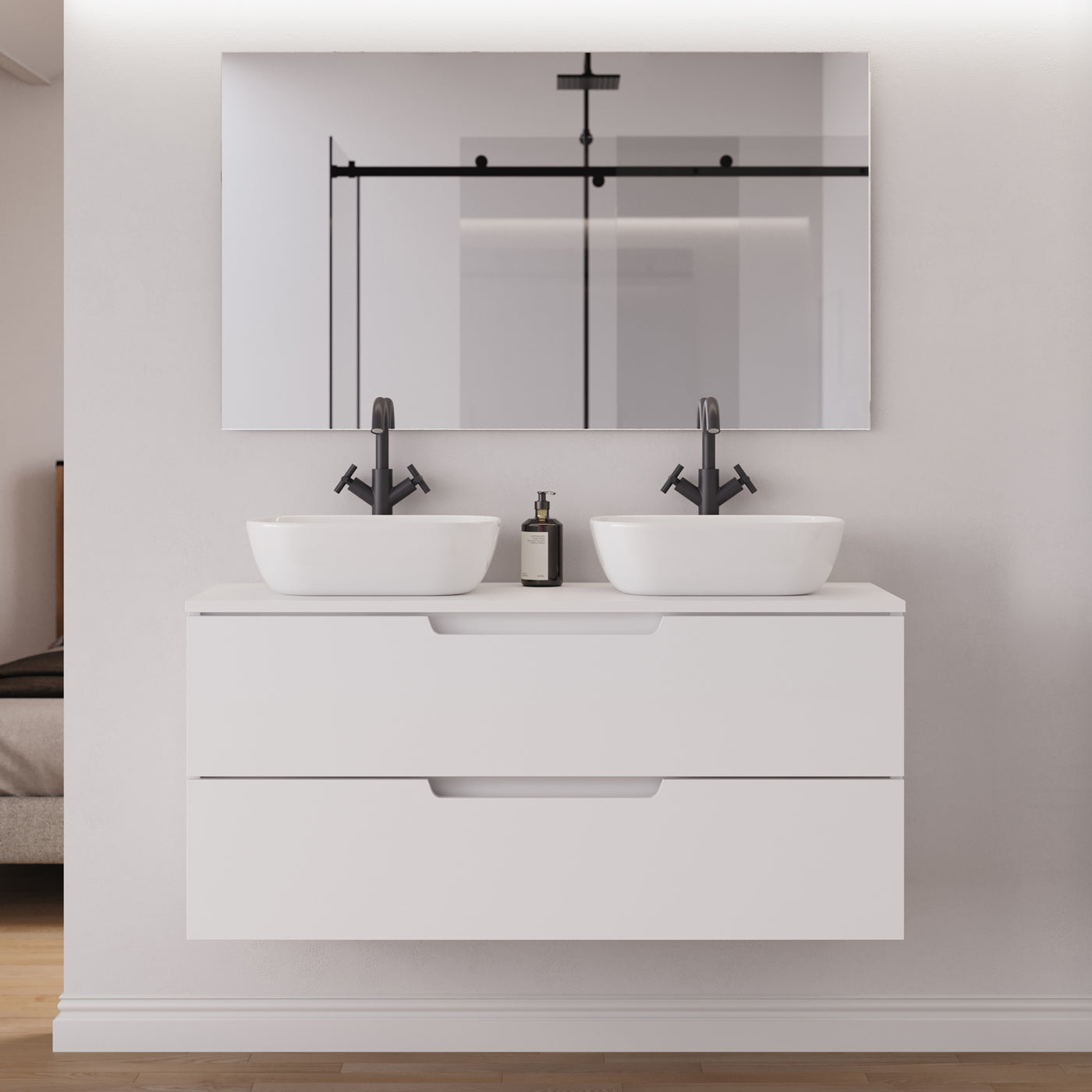 Meuble salle de bain SONRIZA 120cm 2 tiroirs blanc 2 vasques zeus miroir