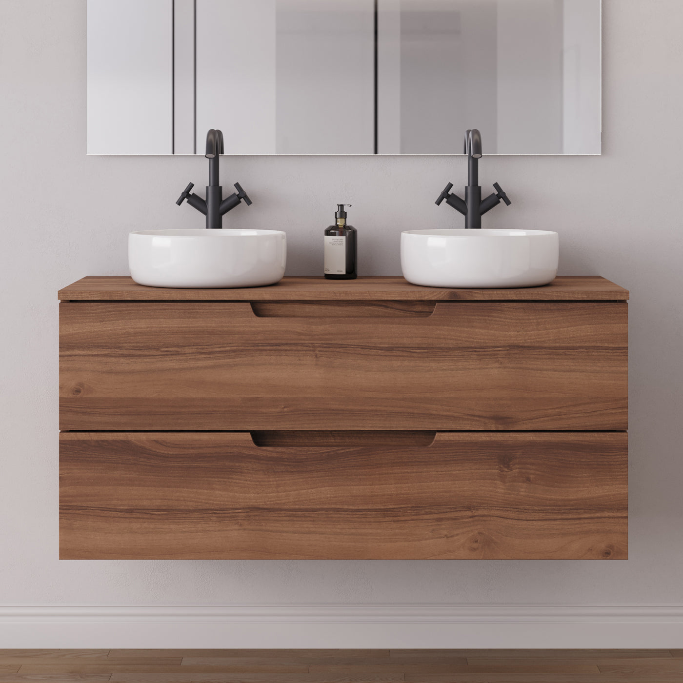 Meuble salle de bain SONRIZA 120cm 2 tiroirs noyer vasques ares
