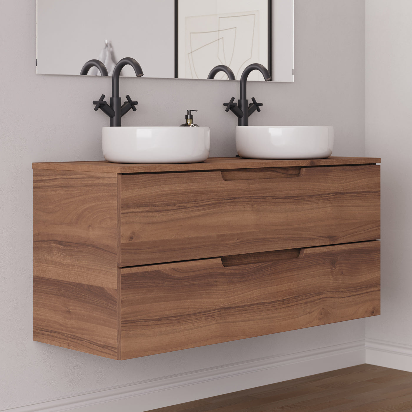 Meuble salle de bain SONRIZA 120cm 2 tiroirs noyer 2 vasques ares vue côté