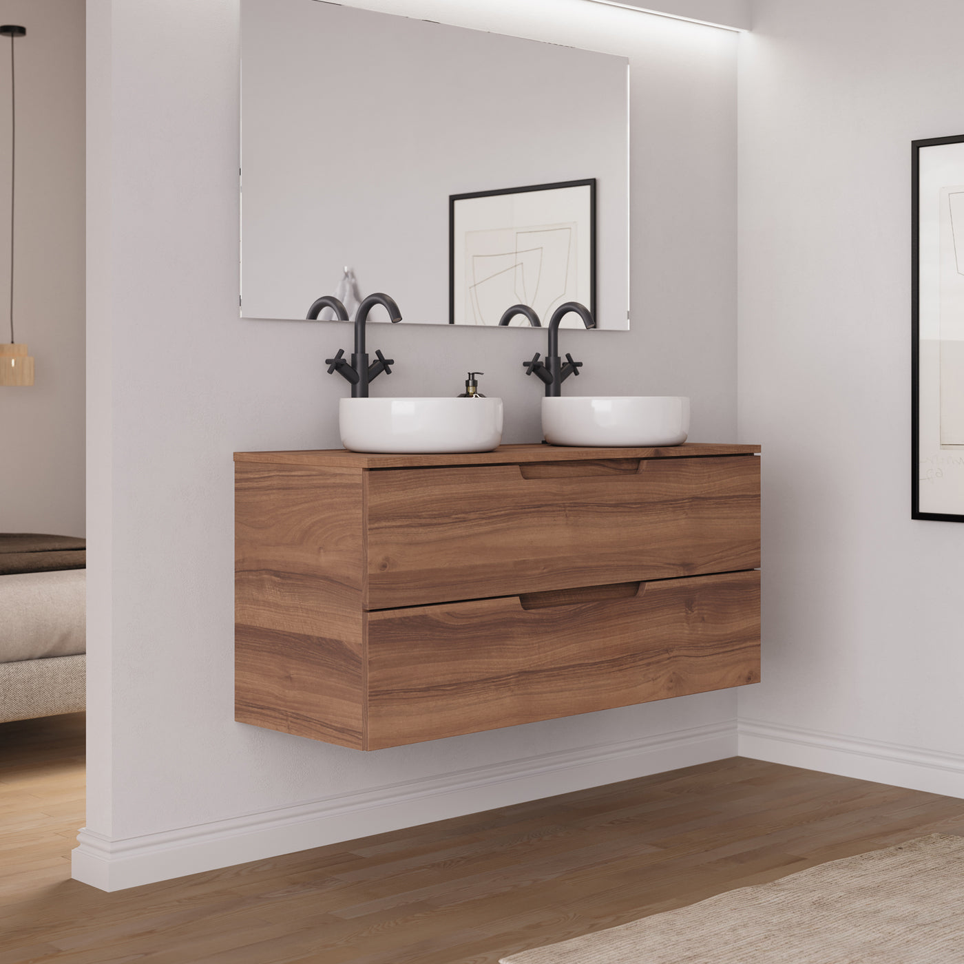 Ensemble meuble salle de bain SONRIZA 120cm 2 tiroirs noyer 2 vasques ares