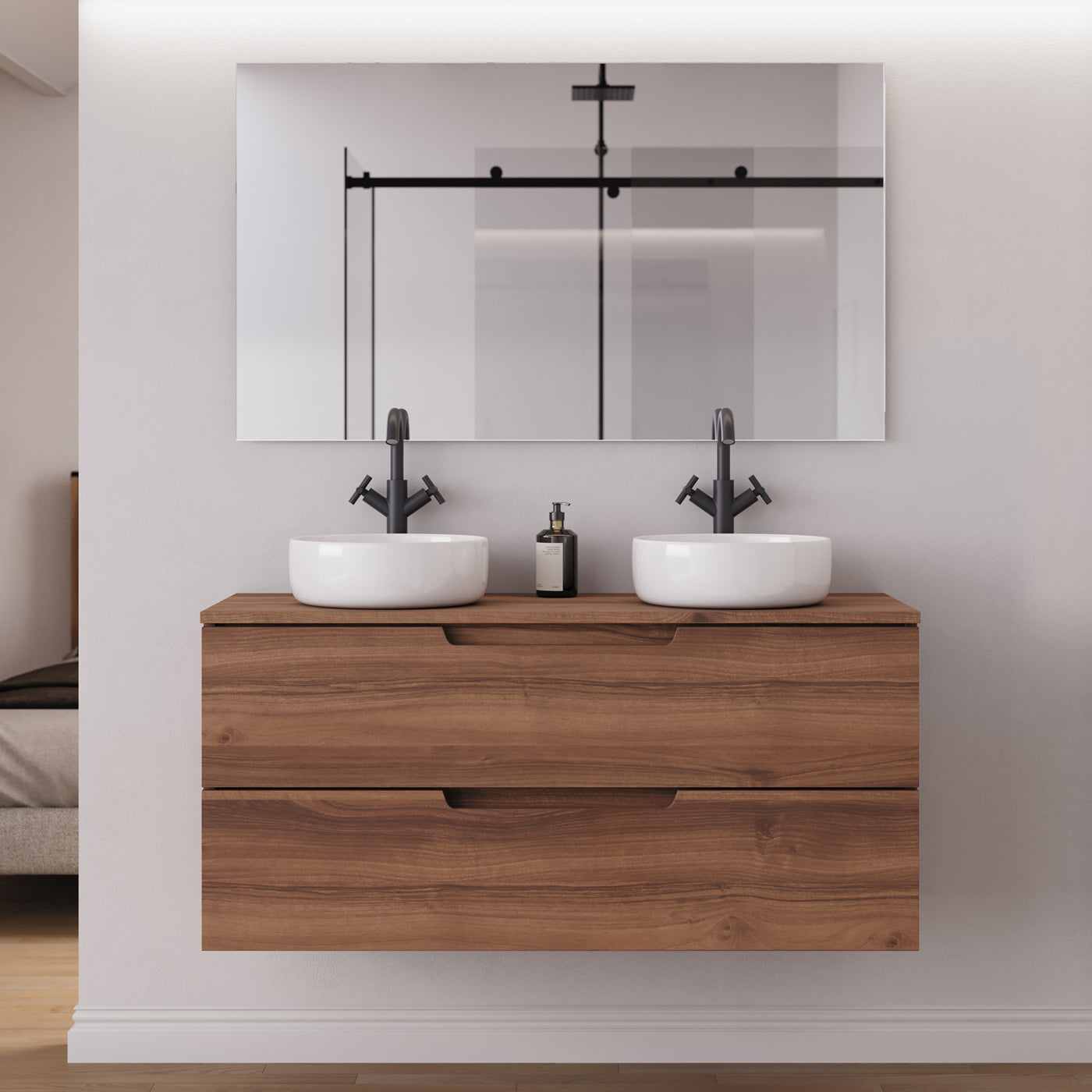 Meuble salle de bain SONRIZA 120cm 2 tiroirs noyer 2 vasques ares miroir