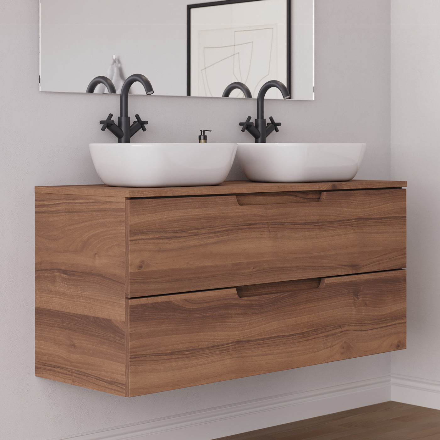 Meuble salle de bain SONRIZA 120cm 2 tiroirs noyer 2 vasques zeus vue côté