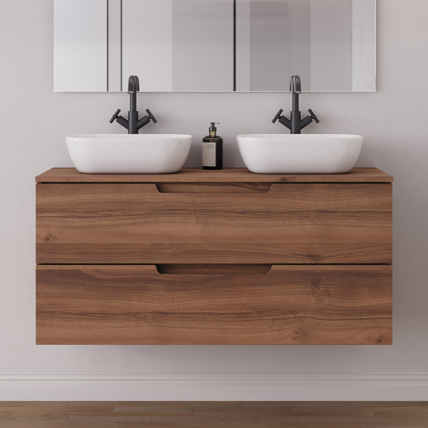 Meuble salle de bain SONRIZA 120cm 2 tiroirs noyer vasques zeus