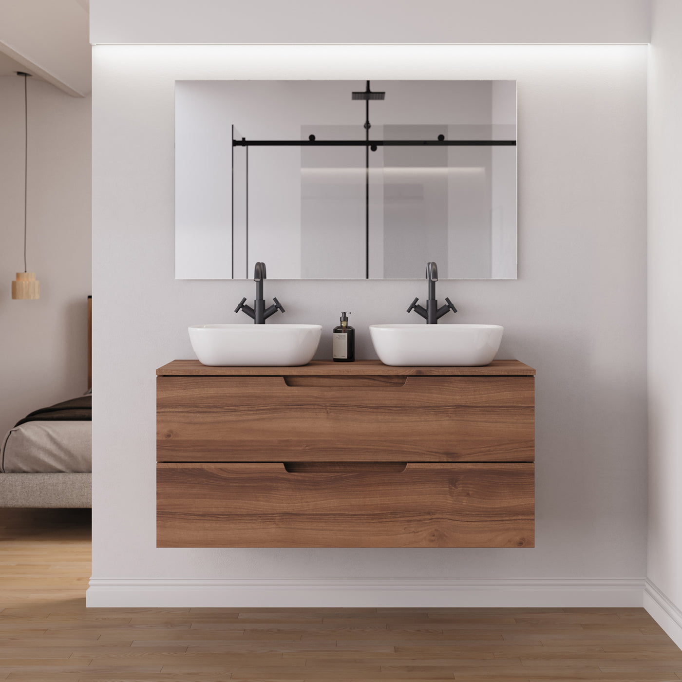 Meuble salle de bain SONRIZA 120cm 2 tiroirs noyer 2 vasques zeus vue face