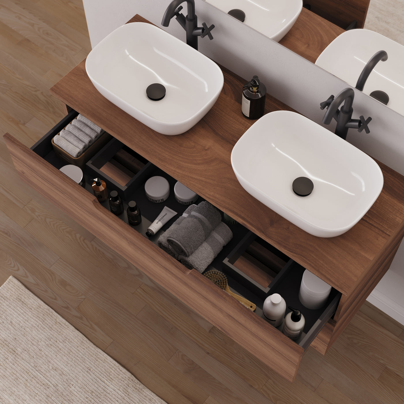 Meuble salle de bain SONRIZA 120cm ouvert 2 tiroirs noyer vasques zeus
