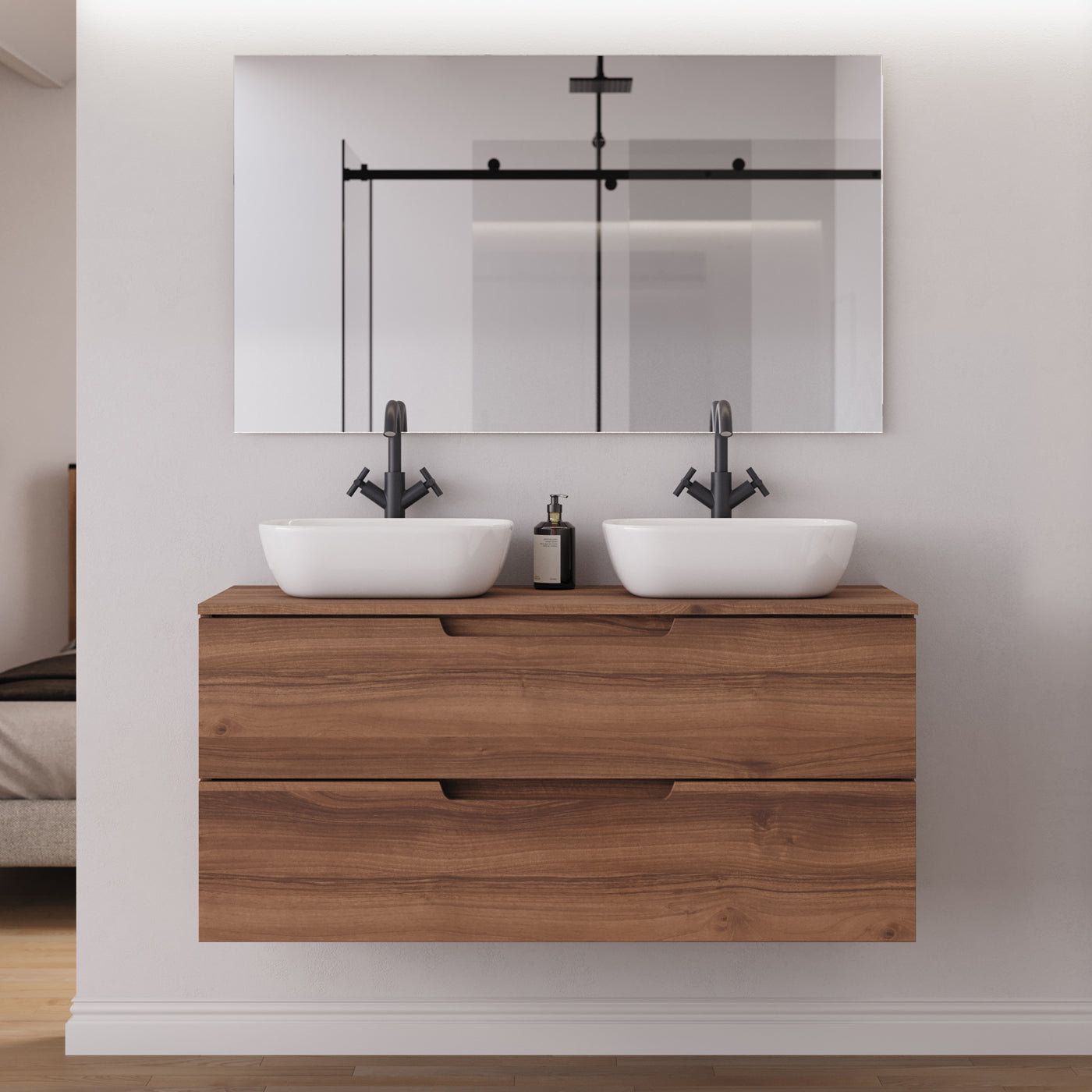 Meuble salle de bain SONRIZA 120cm 2 tiroirs noyer 2 vasques zeus miroir