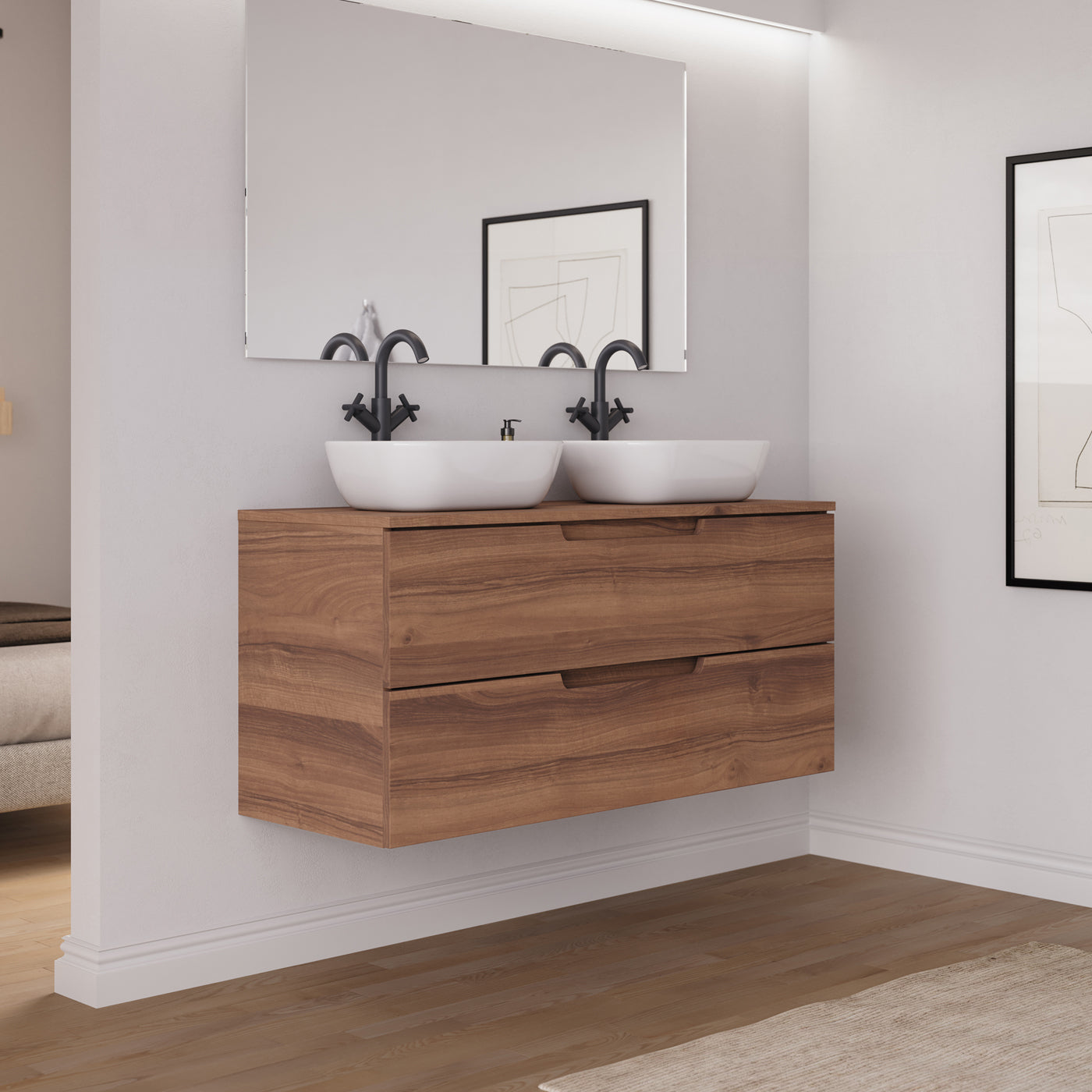 Ensemble meuble salle de bain SONRIZA 120cm 2 tiroirs noyer 2 vasques zeus