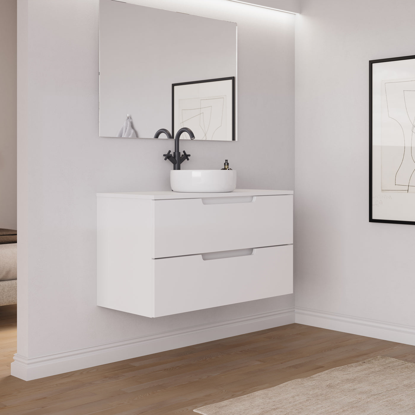 Ambiance meuble salle de bain SONRIZA 100cm blanc vasque ares vue profil