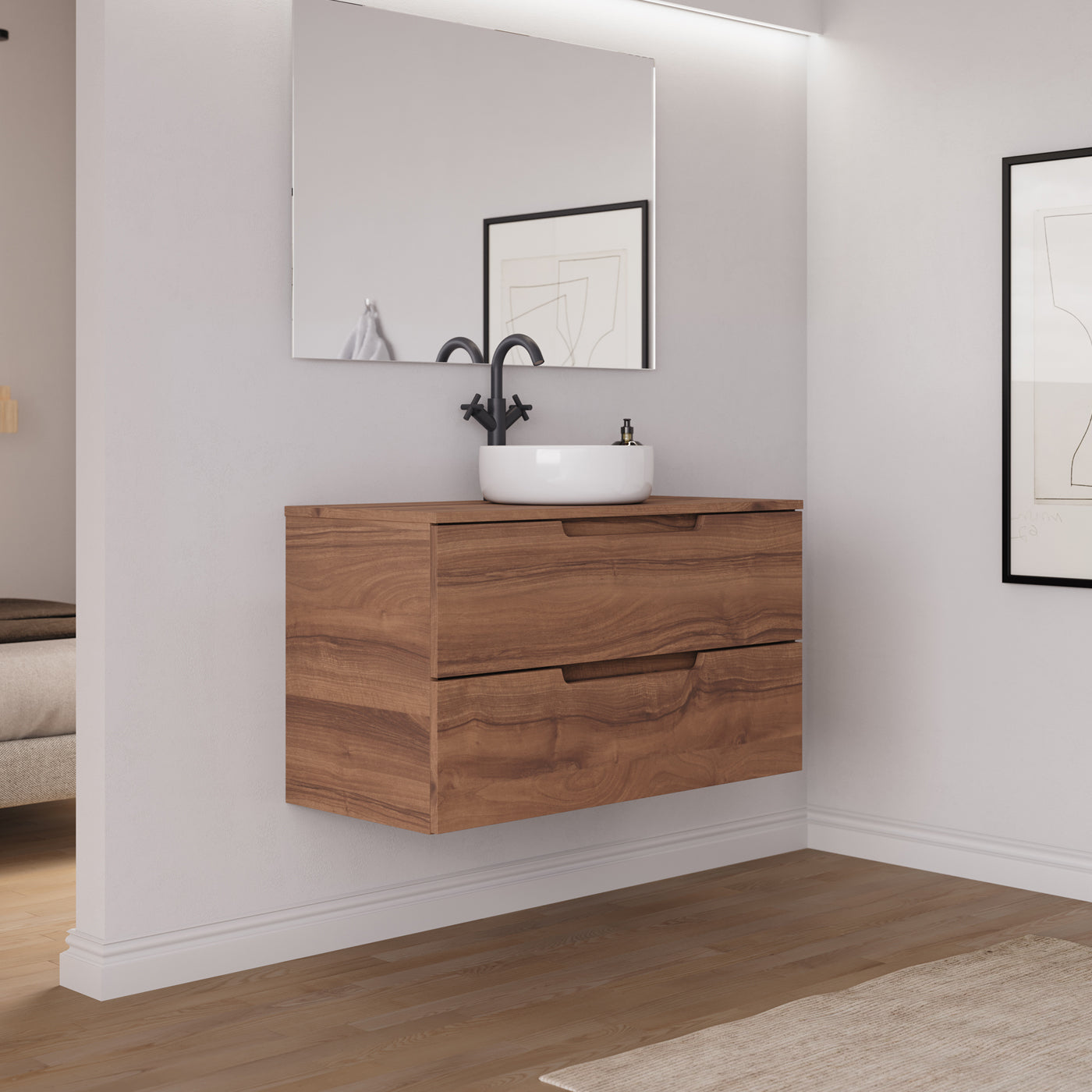 Ambiance meuble salle de bain SONRIZA 100cm noyer vasque ares vue profil