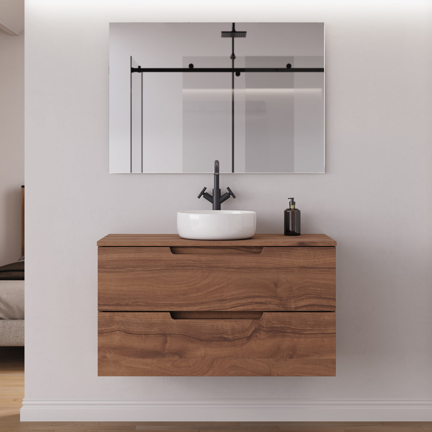 Meuble salle de bain SONRIZA 100cm noyer vasque ares miroir