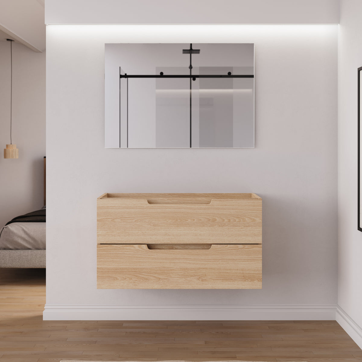 Meuble salle de bain sans vasque SONRIZA 100cm 2 tiroirs roble era