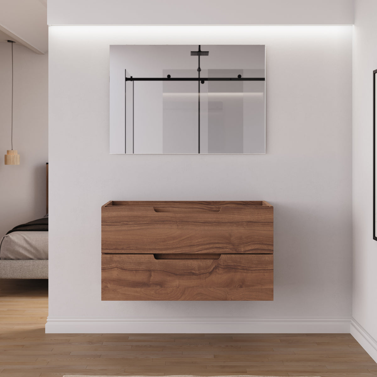 Meuble salle de bain sans vasque SONRIZA 100cm 2 tiroirs noyer