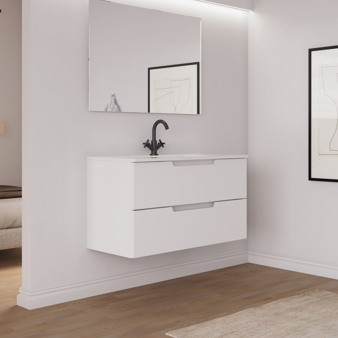Ensemble Meuble salle de bain SONRIZA 100 cm blanc vue profil