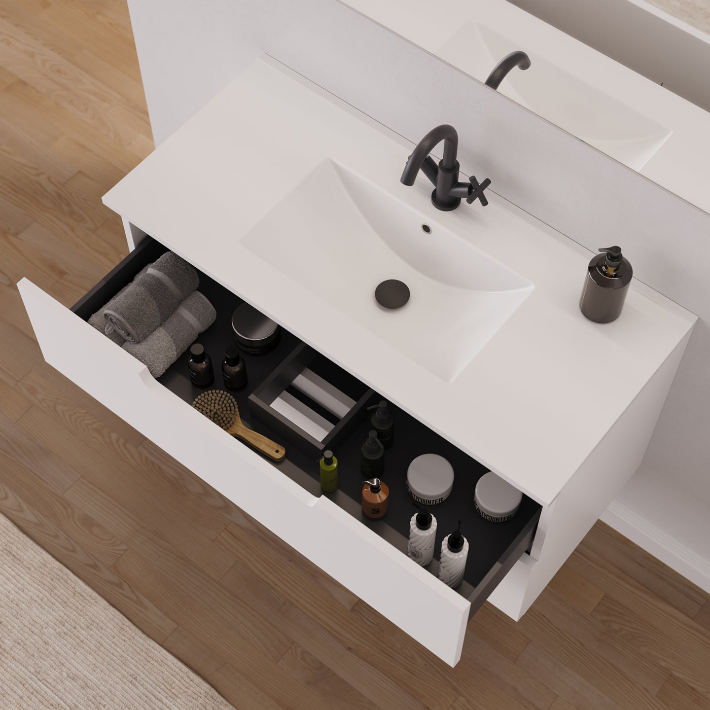Meuble salle de bain SONRIZA 100cm blanc vue dessus