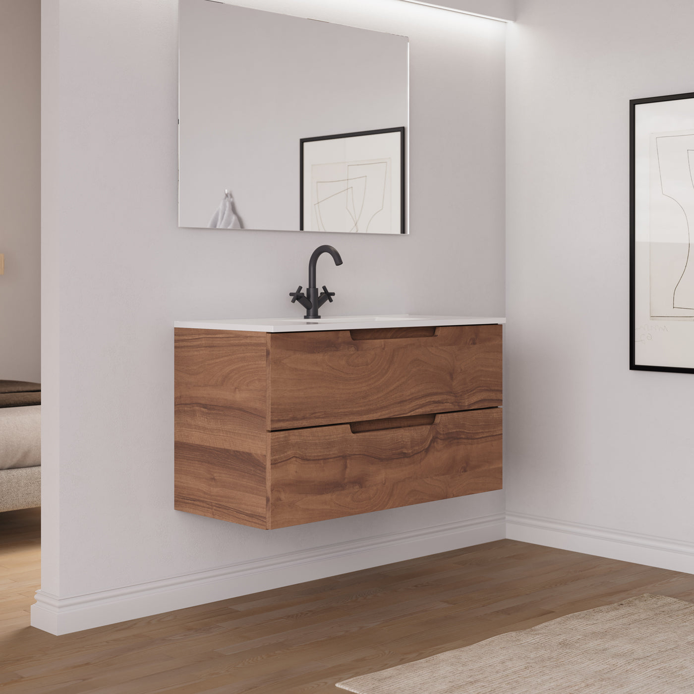 Ensemble Meuble salle de bain SONRIZA 100cm noyer vue profil