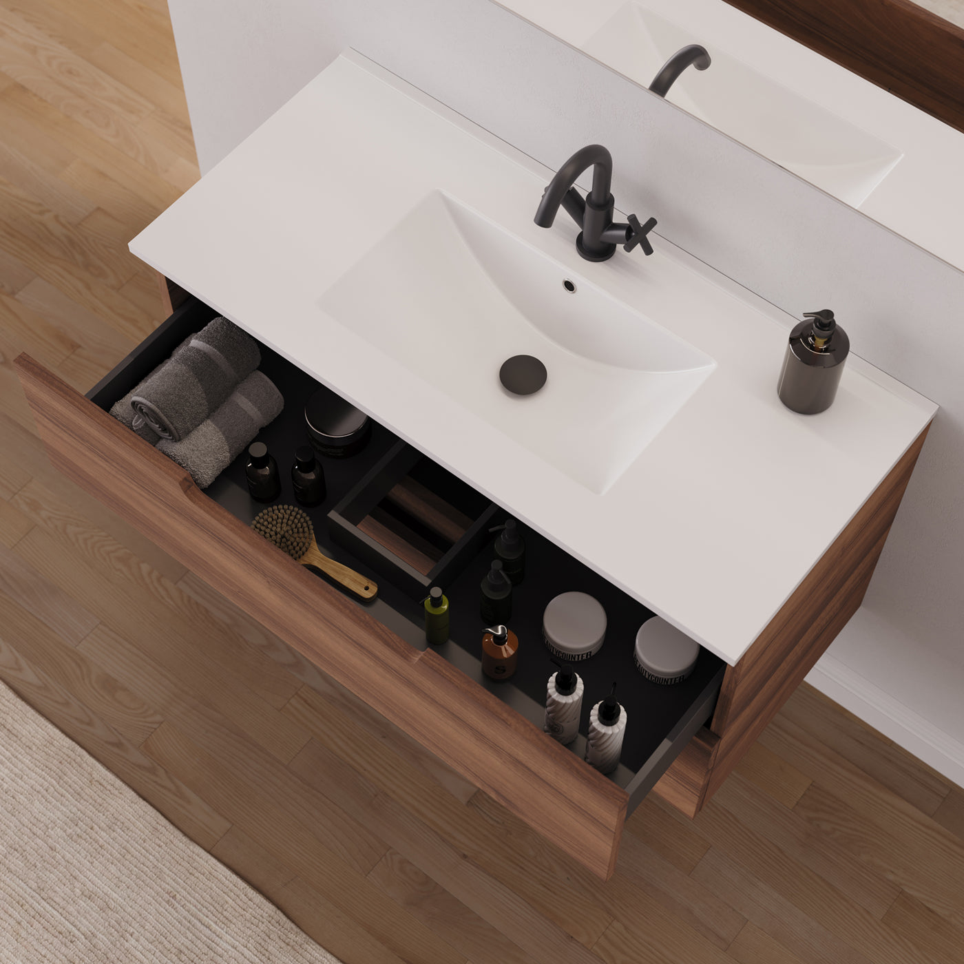 Meuble salle de bain SONRIZA 100cm noyer vue dessus