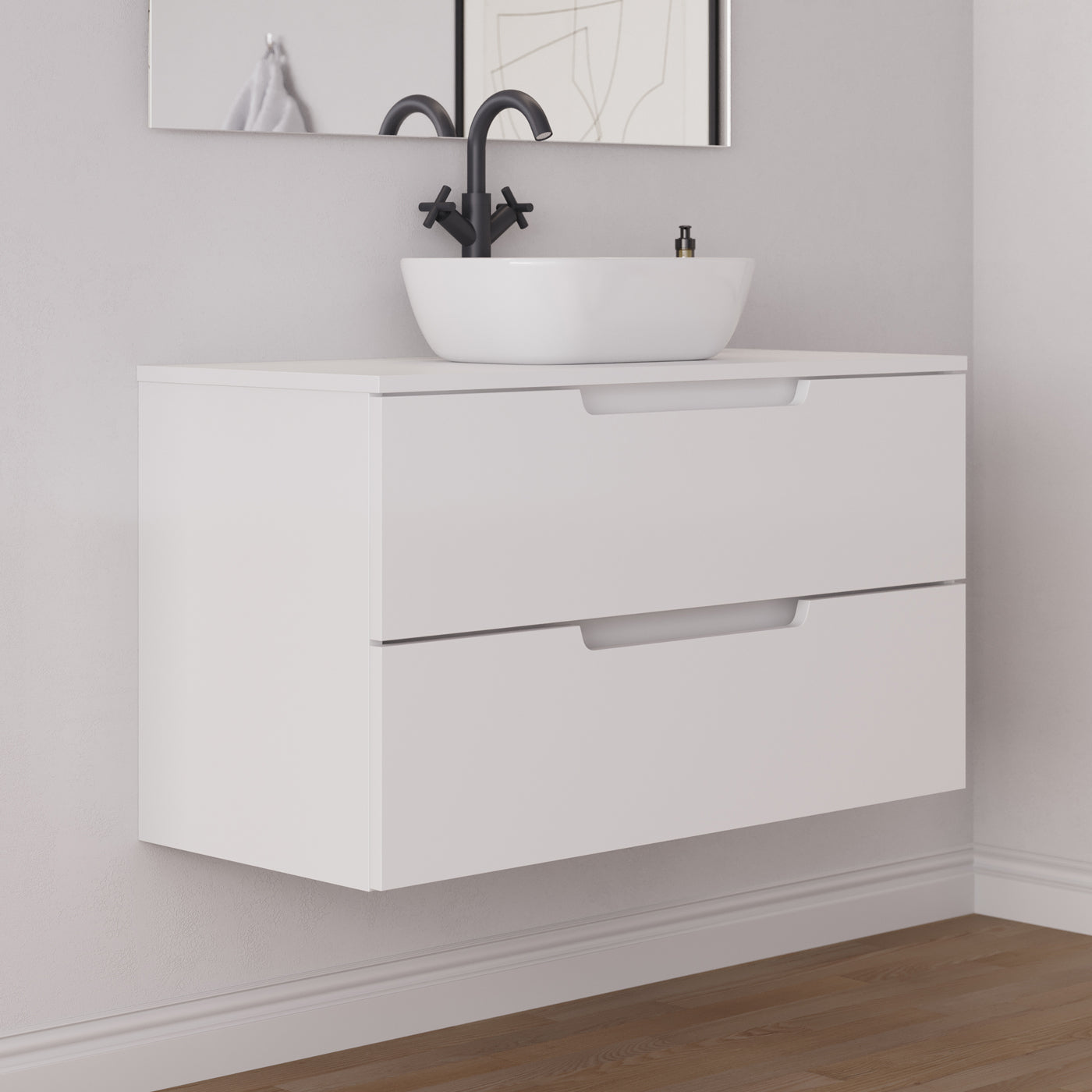 Meuble salle de bain SONRIZA 100cm blanc vasque zeus vue profil