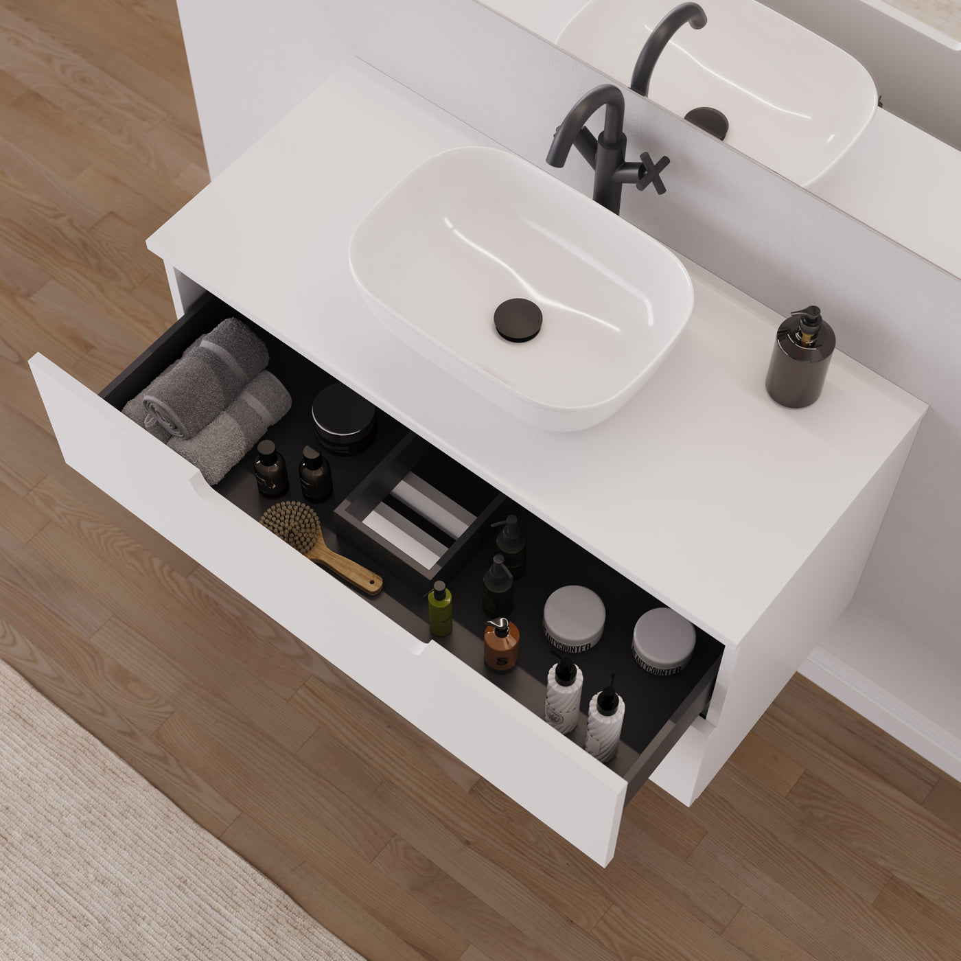 Meuble salle de bain SONRIZA 100cm blanc vasque zeus vue dessus