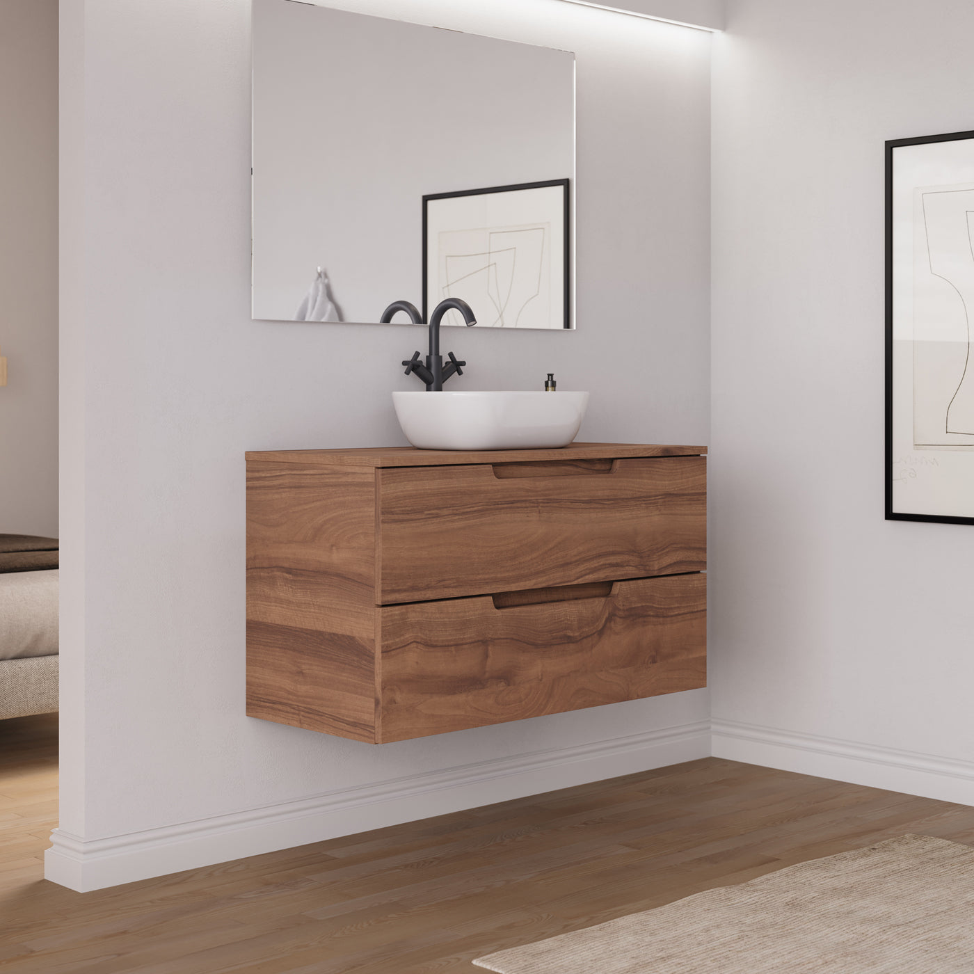 Ambiance meuble salle de bain SONRIZA 100cm noyer vasque zeus vue profil