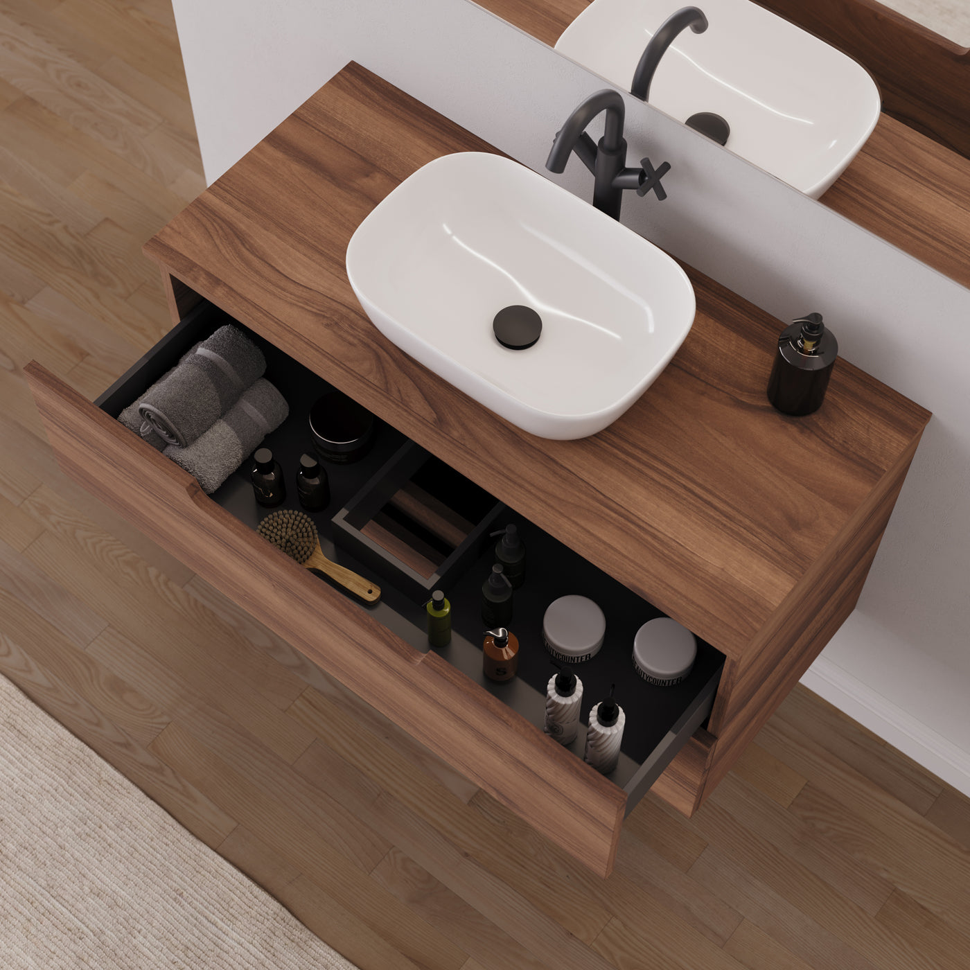 Meuble salle de bain SONRIZA 100cm noyer vasque zeus vue dessus