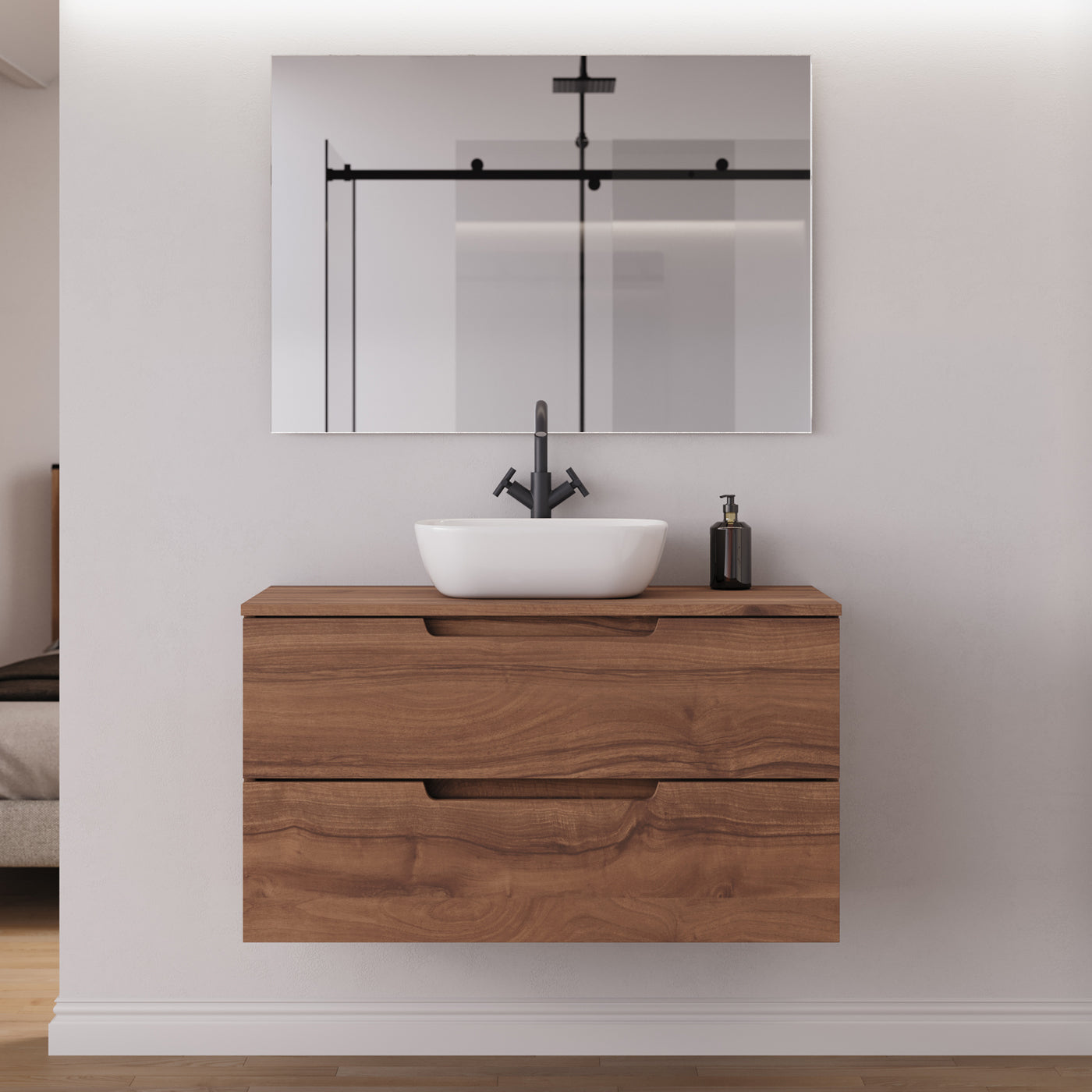 Meuble salle de bain SONRIZA 100cm noyer vasque zeus miroir