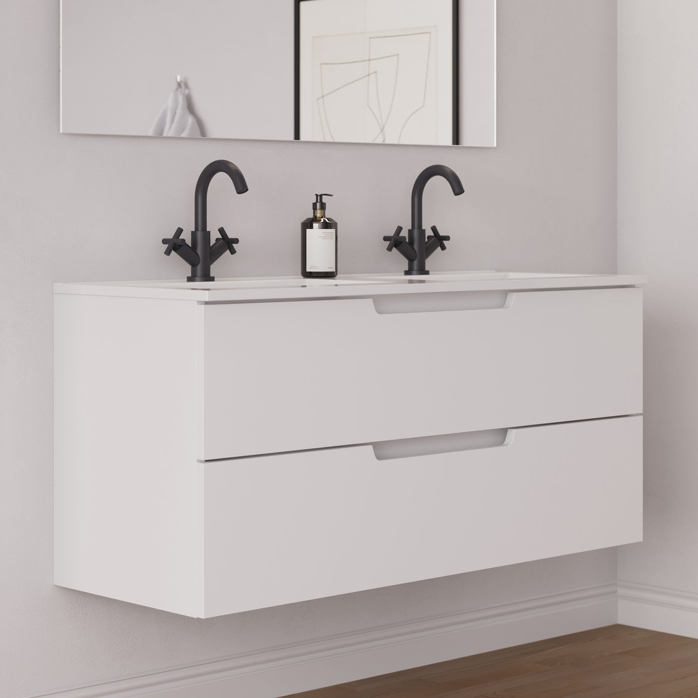 Meuble salle de bain SONRIZA 120cm 2 tiroirs blanc double vasque vue côté