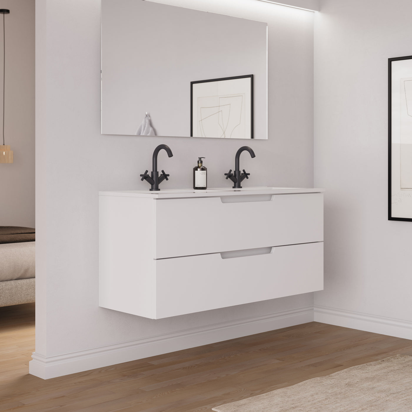 Ambiance Meuble salle de bain SONRIZA 120cm 2 tiroirs blanc double vasque vue côté