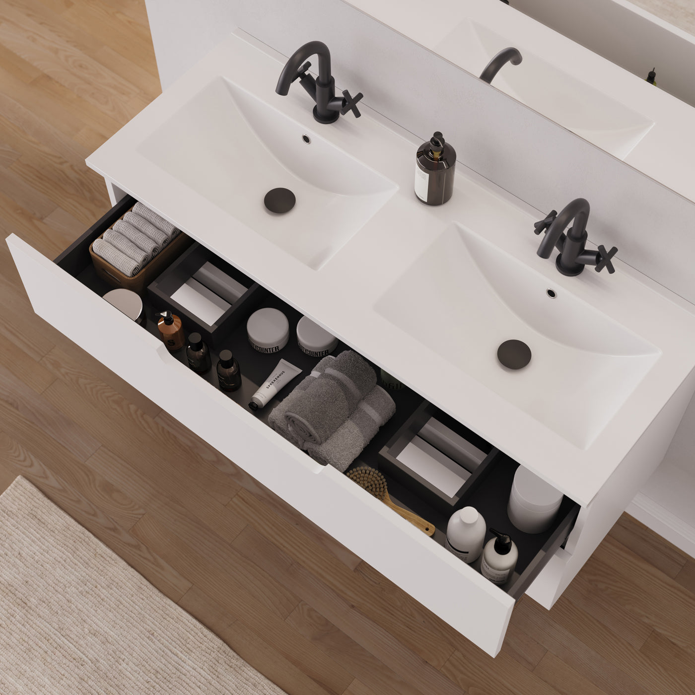 Meuble salle de bain SONRIZA 120cm 2 tiroirs blanc double vasque ouvert