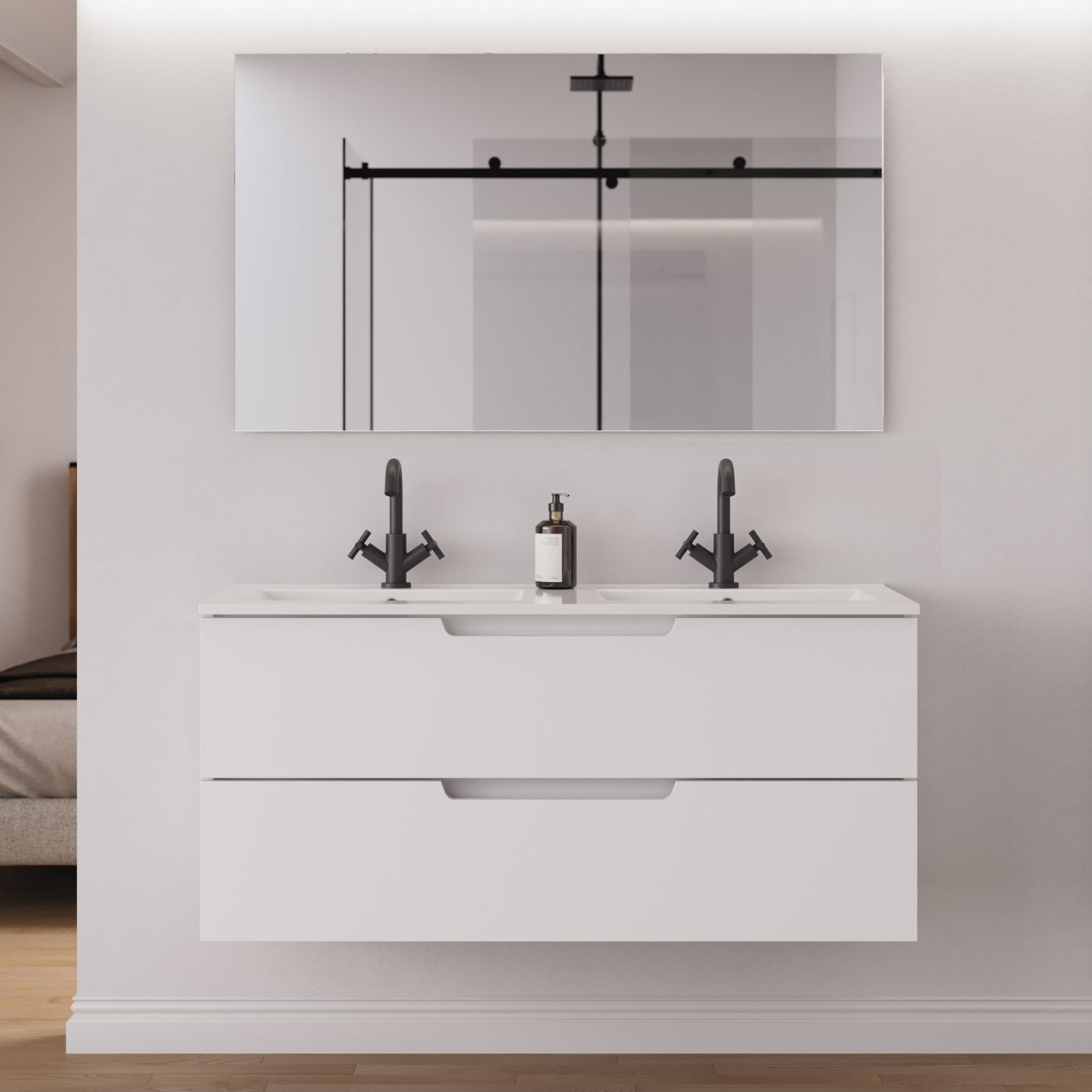 Meuble salle de bain SONRIZA 120cm 2 tiroirs blanc double vasque miroir